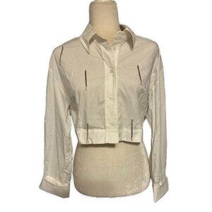 zarina style white long sleeve crop button down silver fringe 42 Medium